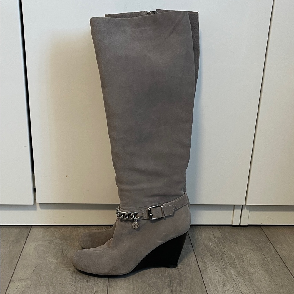 Bcbgeneration Merryl Grey Taupe Knee High Suede Wedge Boots, Size 8.5
